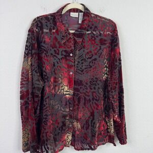 White Stag Shirt Womens XL Red Black Burnout Velvet Animal Print Whimsigoth Boho